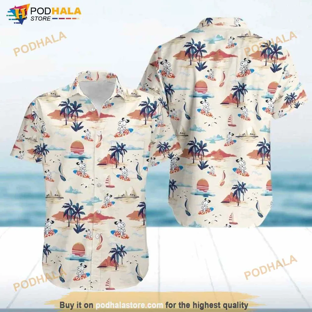 Tropical Cartoon Dog Hawaiian Shirt With Palm Trees And Sailboats