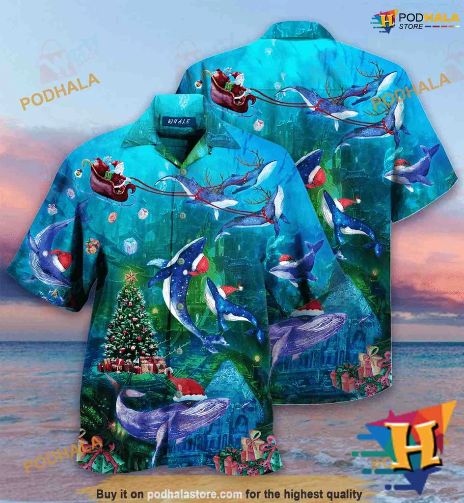 Tropical Christmas Whale Aloha Shirt, Festive Hawaiian Design With Santa