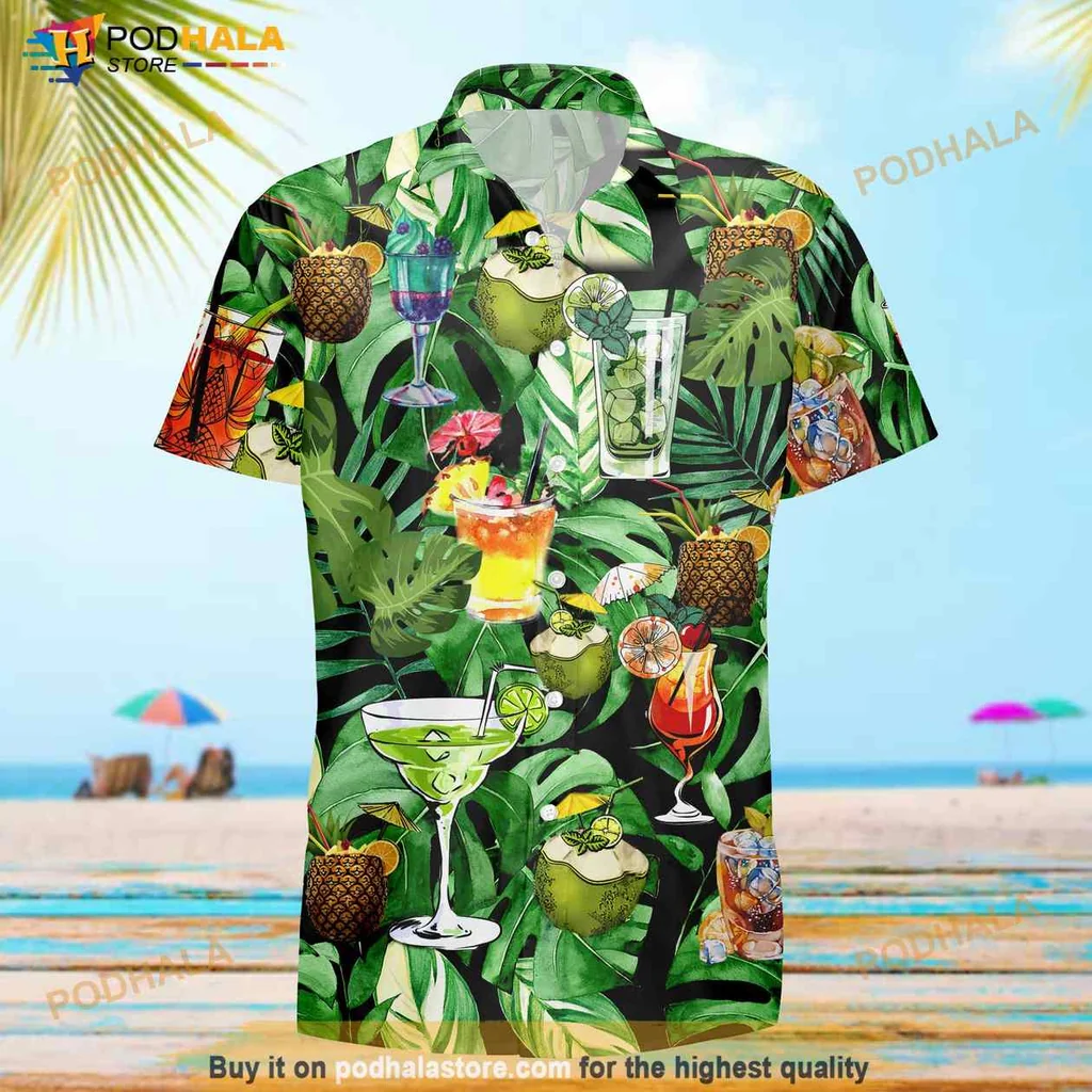 Tropical Cocktail Pineapple Aloha Shirt With Lush Green Foliage Design