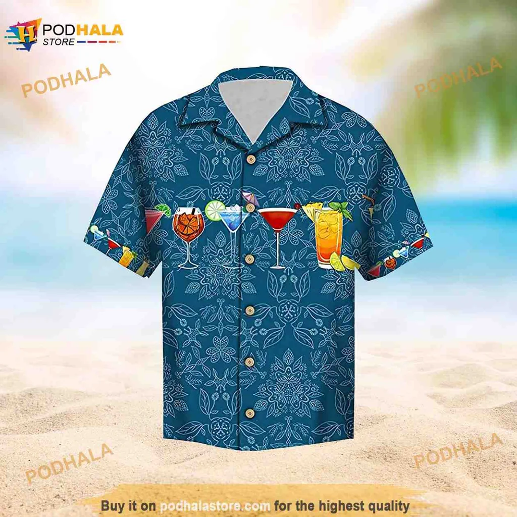 Tropical Cocktails Aloha Shirt, Vibrant Blue Summer Hawaiian Shirt