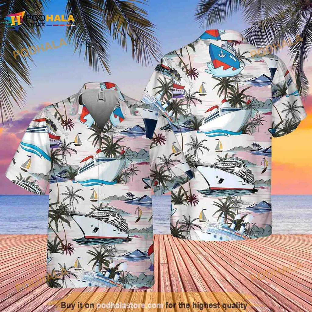 Tropical Cruise Ship Hawaiian Shirt, Vibrant Beach Design With Palm Trees