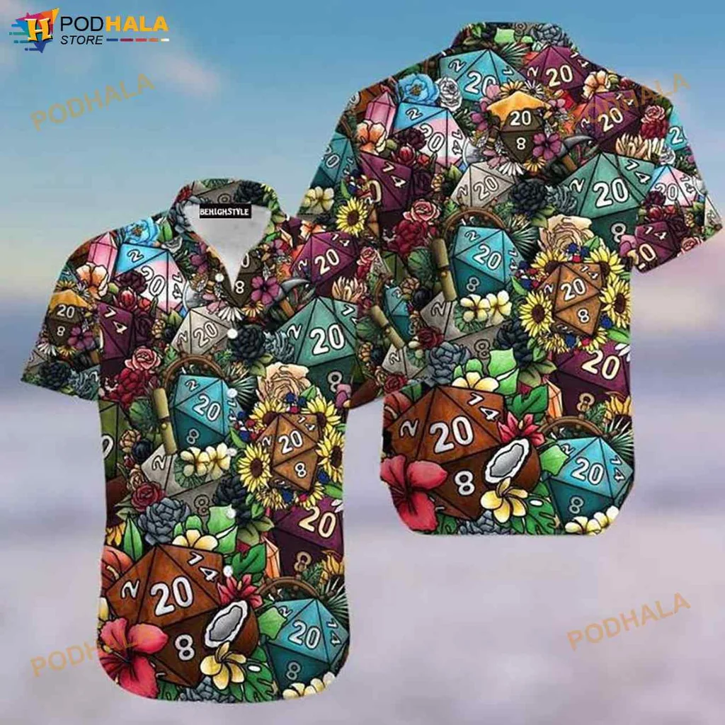 Tropical Dice Gaming Hawaiian Shirt With Colorful Polyhedral Design