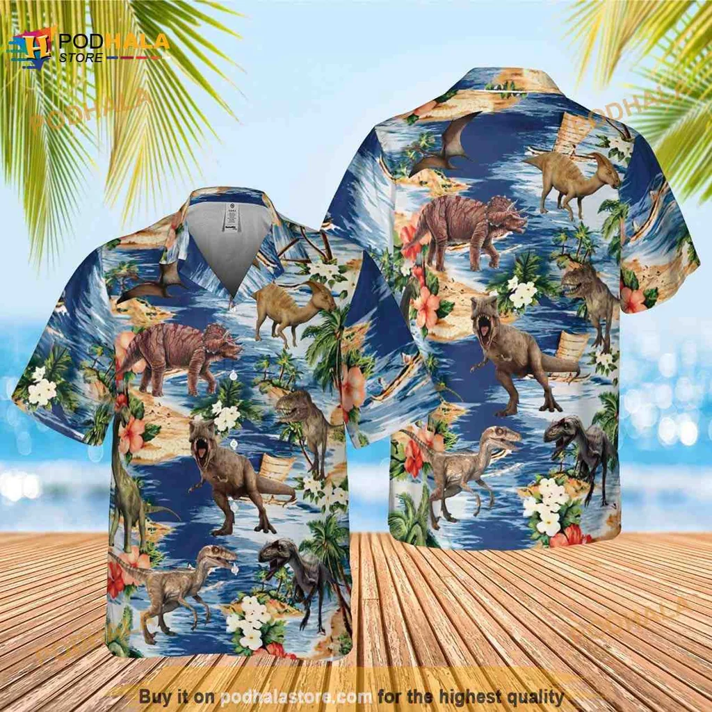 Tropical Dinosaur Funny Hawaiian Shirt With Playful Cartoon Design