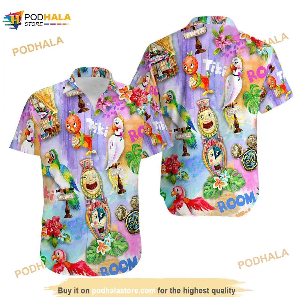 Tropical Disney Aloha Shirt With Colorful Tiki Masks And Birds