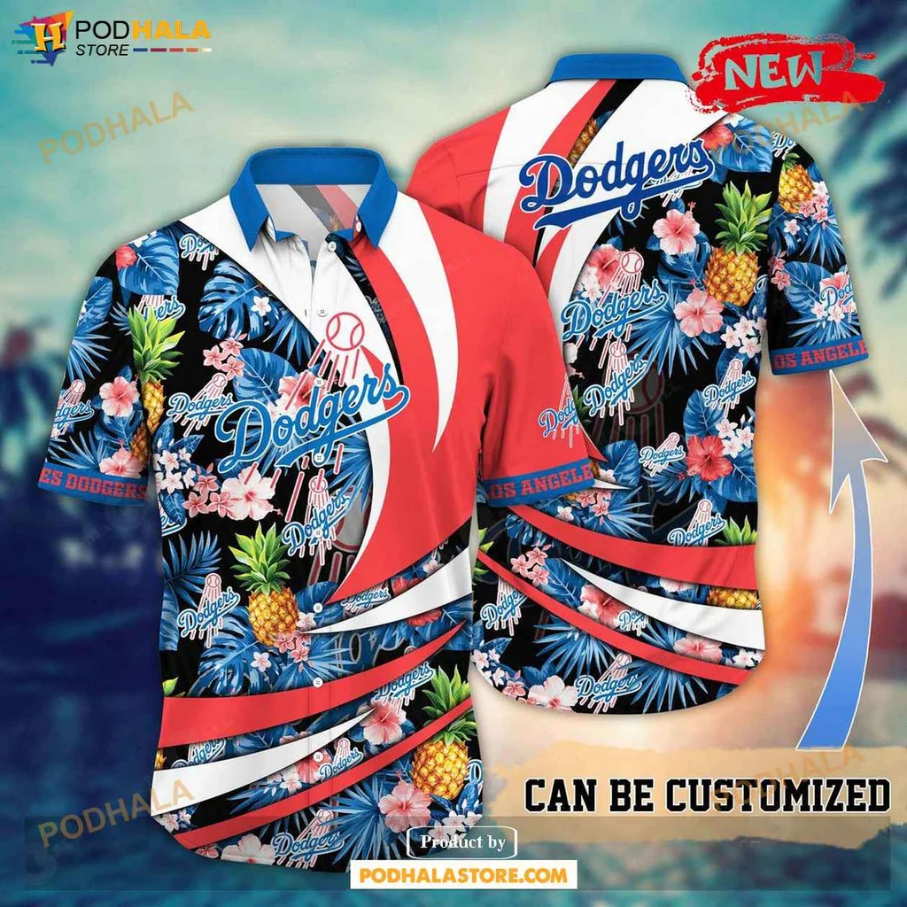 Tropical Dodgers Aloha Shirt, Personalized Summer Baseball Shirt With Pineapples And Flowers