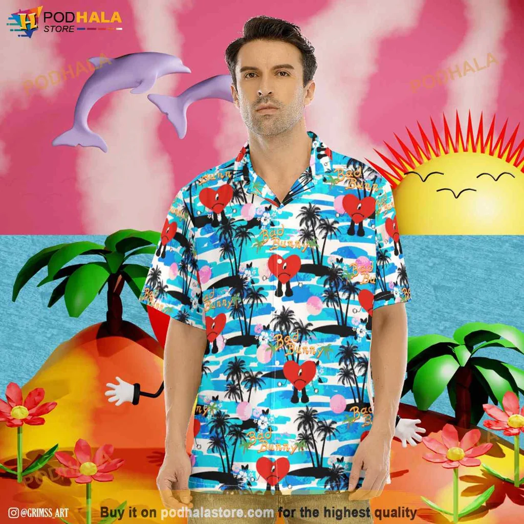 Tropical Dolphin Aloha Shirt, Vibrant Summer Hawaiian Shirt With Palm Trees And Flowers
