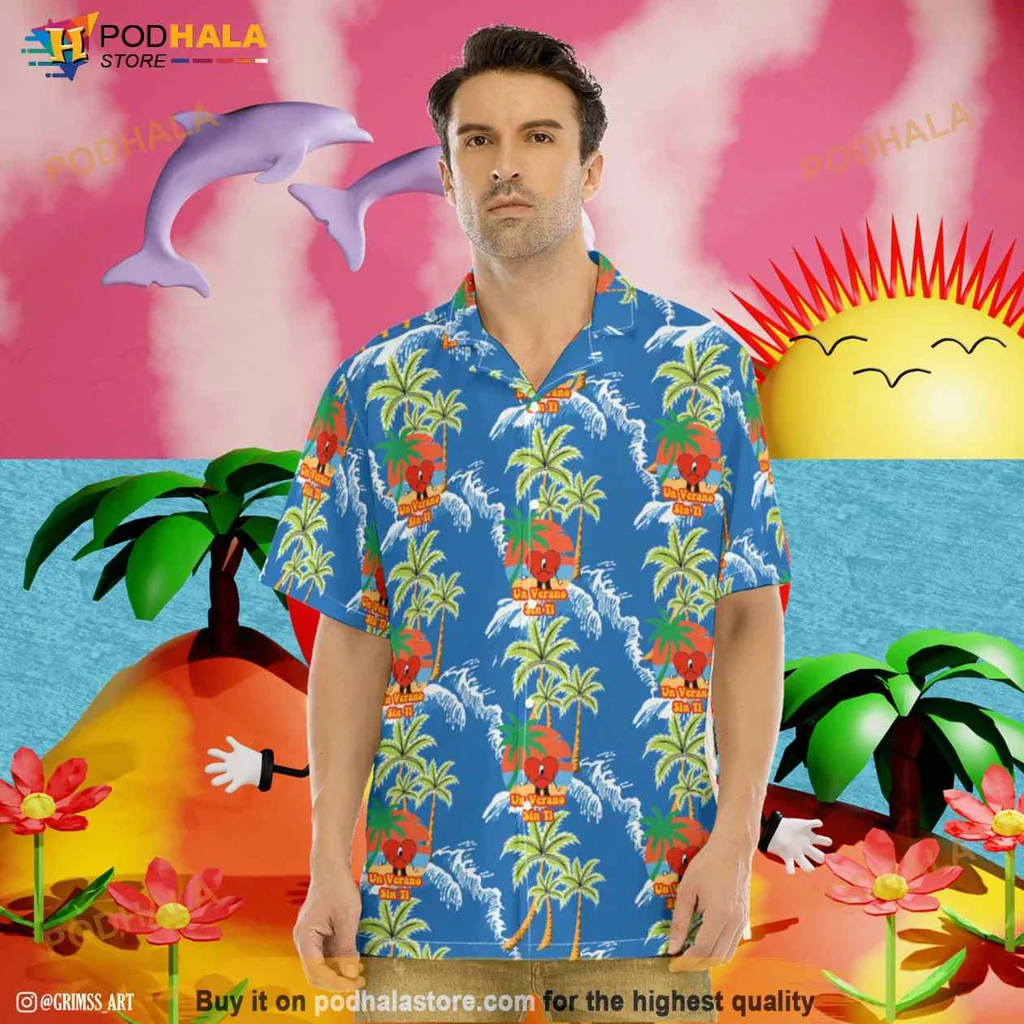 Tropical Dolphin Aloha Shirt With Colorful Palm Trees And Hibiscus Flowers