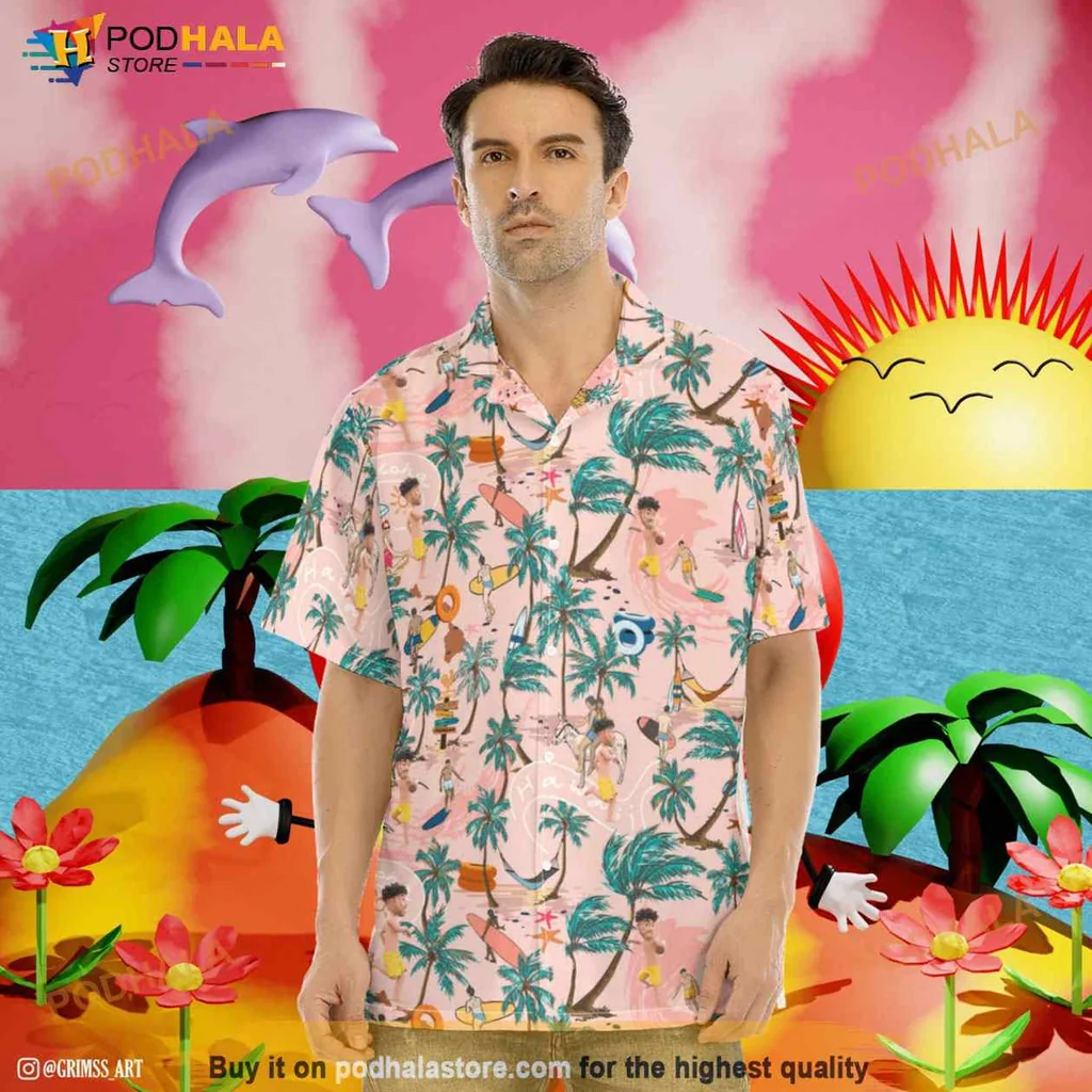 Tropical Dolphins Hawaiian Shirt With Colorful Palm Trees And Flowers
