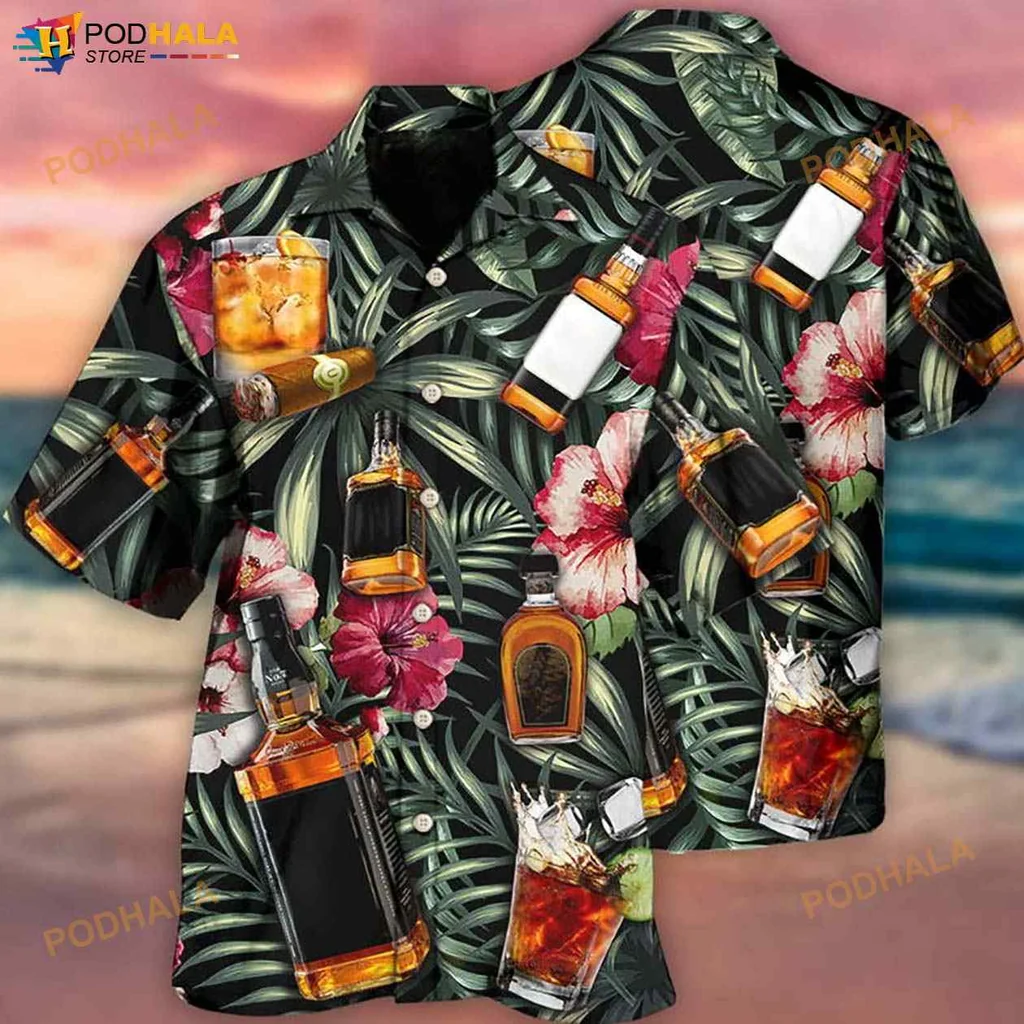 Tropical Drinks Hawaiian Shirt With Bourbon And Hibiscus Flowers