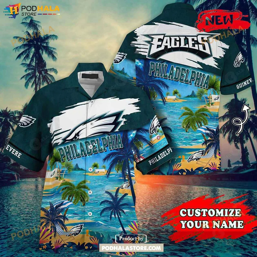 Tropical Eagles Aloha Shirt, Personalized Philadelphia Eagles Coconut Tree Beach Shirt