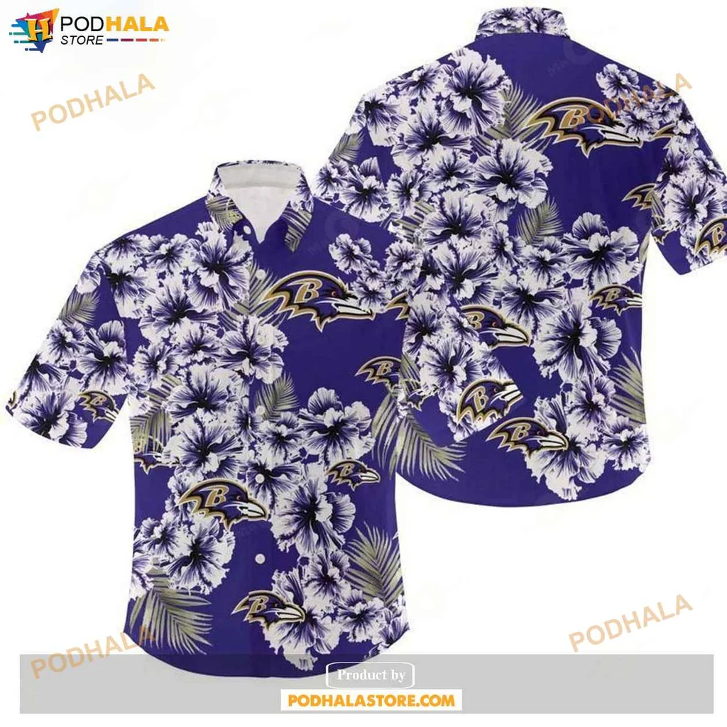 Tropical Fan Hawaiian Shirt Baltimore Ravens Graphic Print, Tropical Style Tee