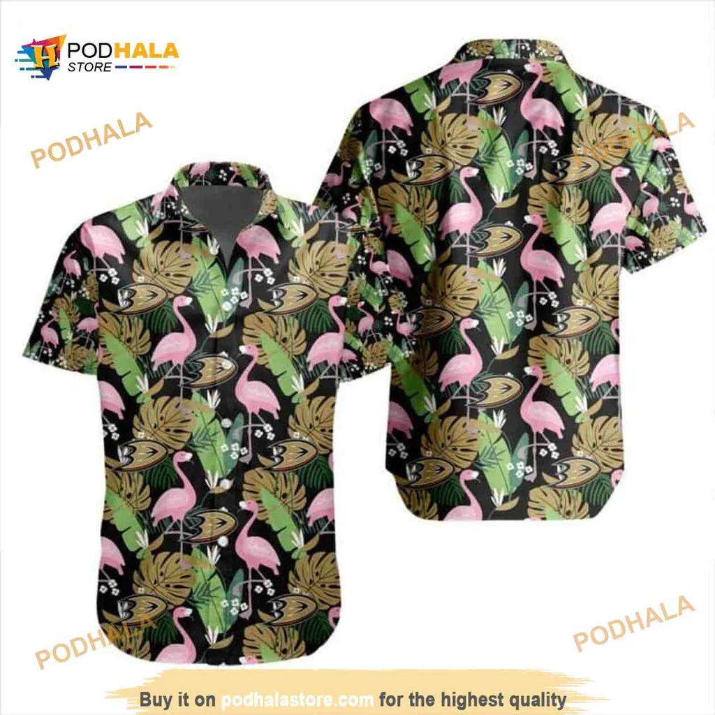 Tropical Flamingo Hawaiian Shirt With Lush Green Palm Leaves
