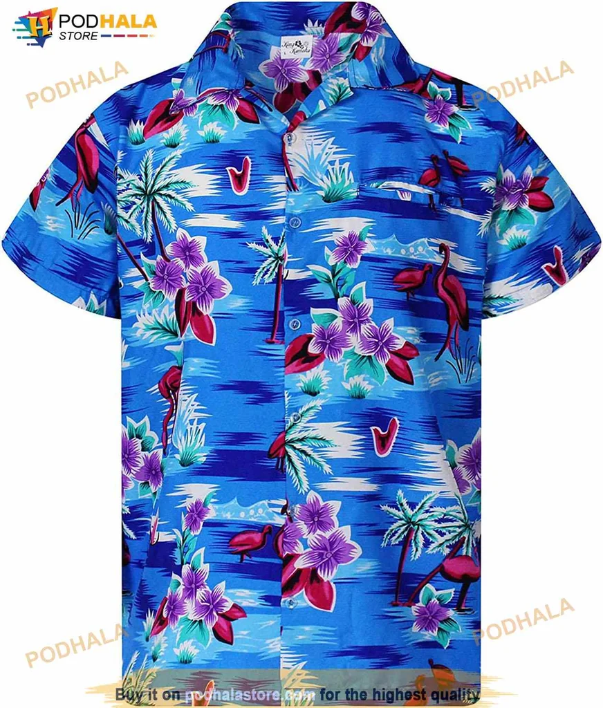 Tropical Flamingo Hawaiian Shirt With Lush Green Palm Trees And Purple Flowers