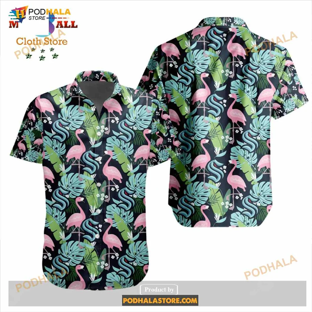 Tropical Flamingo Hawaiian Shirt With Vibrant Pink Design And Green Leaves