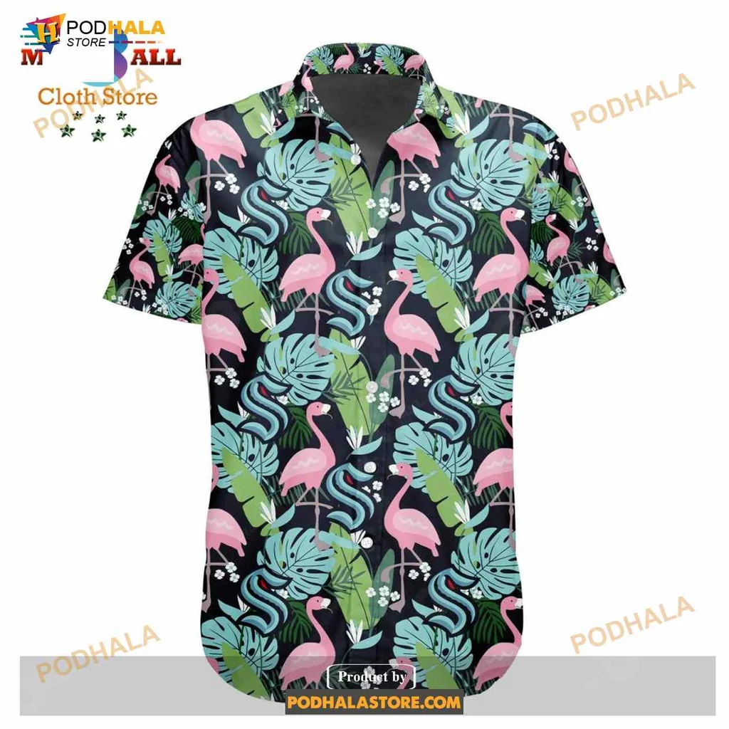 Tropical Flamingo Aloha Shirt With Vibrant Pink Design And Green Leaves Tropical Flamingo Aloha Shirt With Vibrant Pink Design And Green Leaves