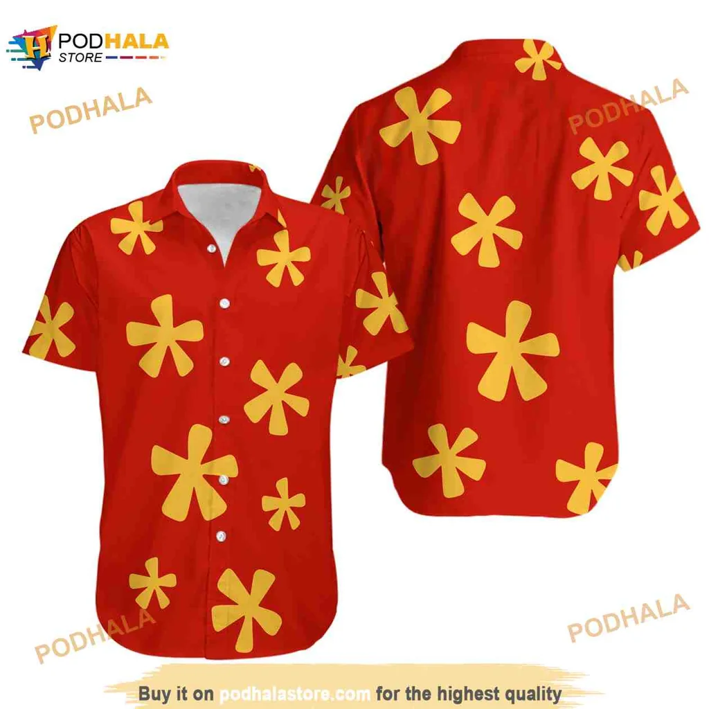 Tropical Floral Aloha Shirt With Bold Yellow Flowers On Red Background