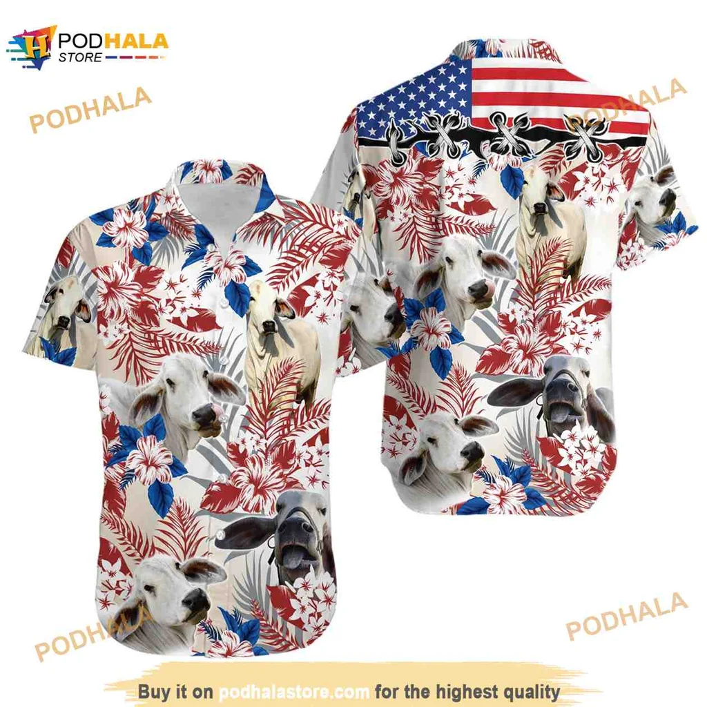 Tropical Floral Brahman Cow Hawaiian Shirt With American Flag Design