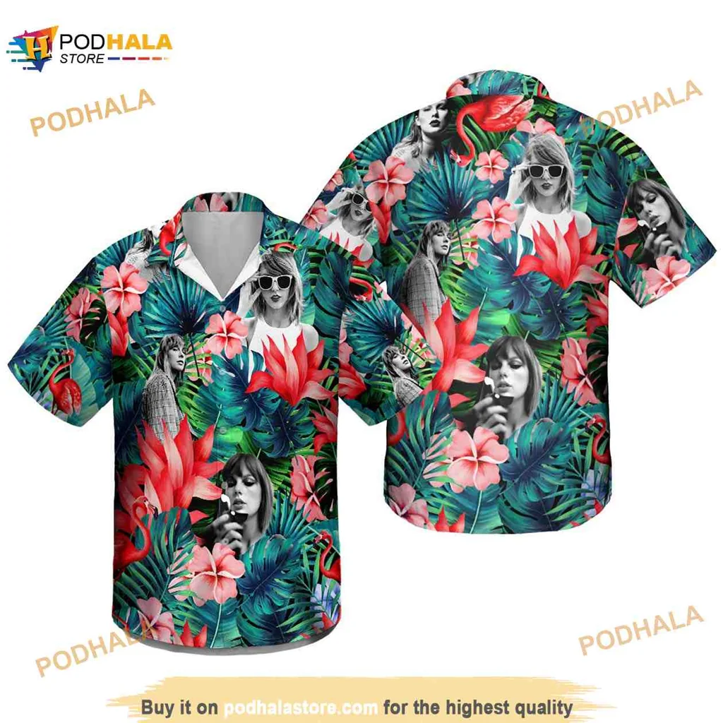 Tropical Floral Female Figure Hawaiian Shirt With Lush Green Leaves And Pink Flowers