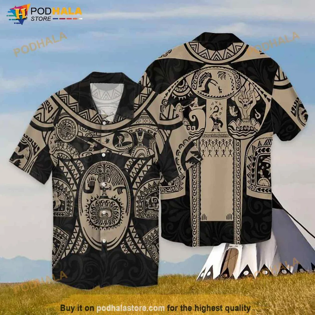 Tropical Floral Hawaiian Shirt With Bold Black And Beige Patterns