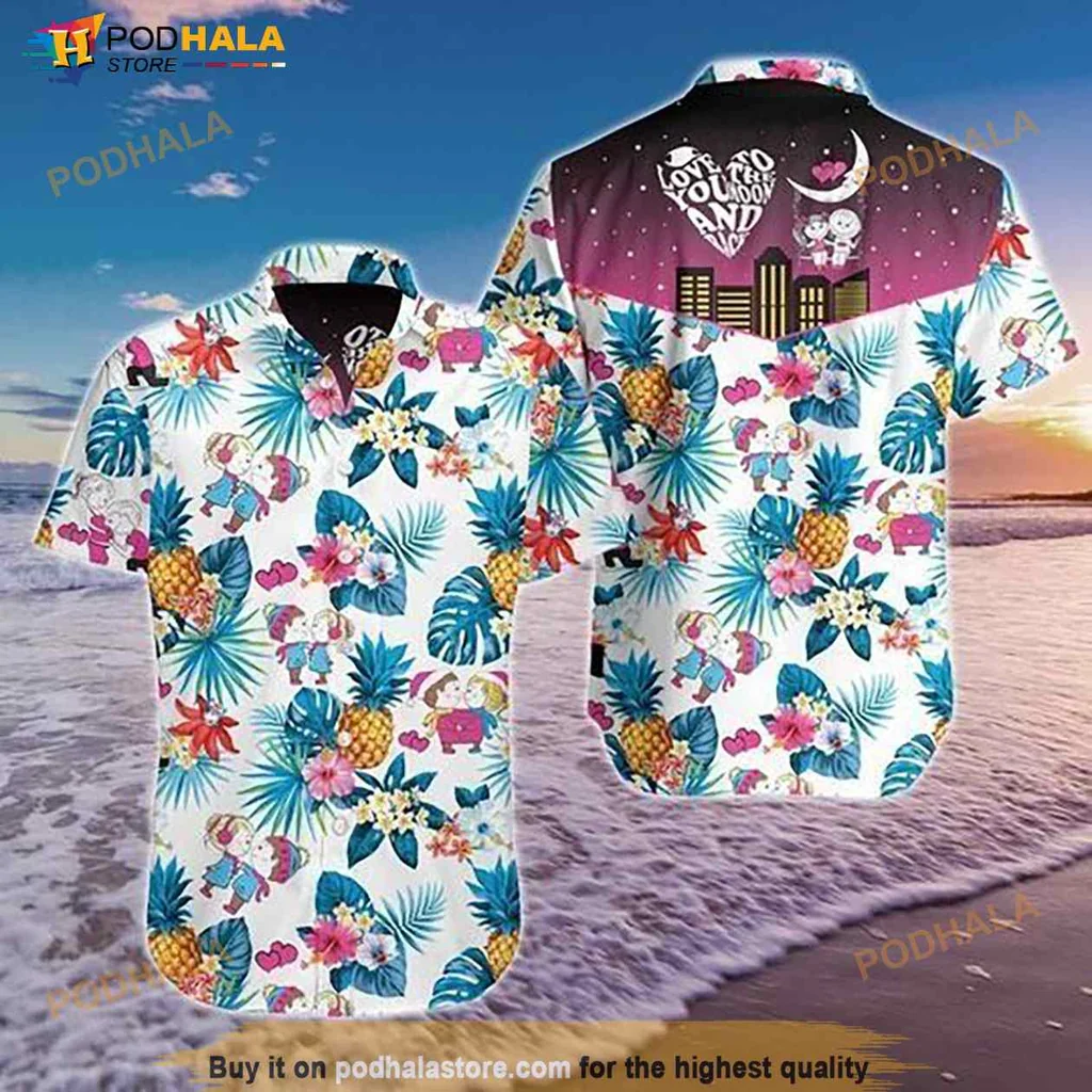 Tropical Floral Hawaiian Shirt With Colorful Leaves And Playful Characters