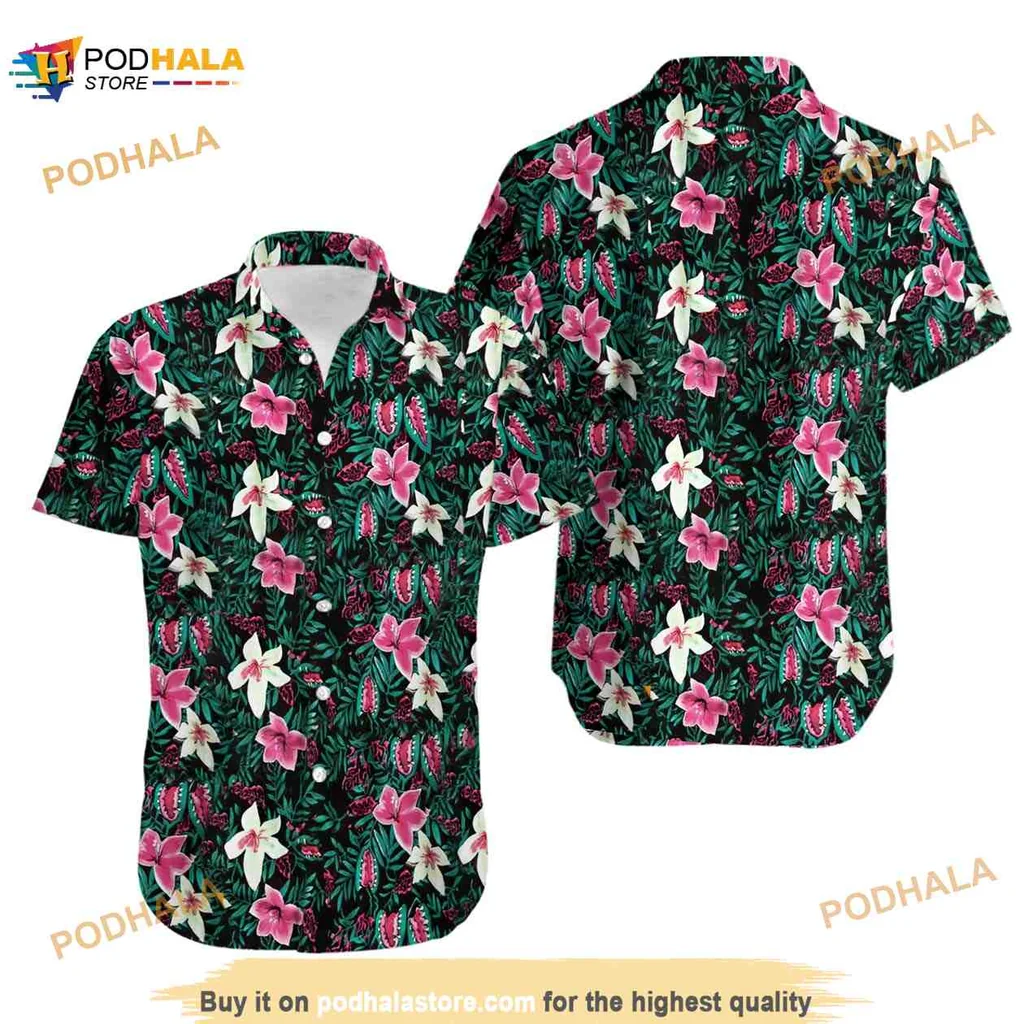 Tropical Floral Hawaiian Shirt With Vibrant Pink Hibiscus Design