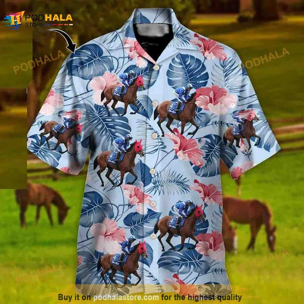 Tropical Floral Horse Racing Hawaiian Shirt Featuring Vibrant Horses And Hibiscus