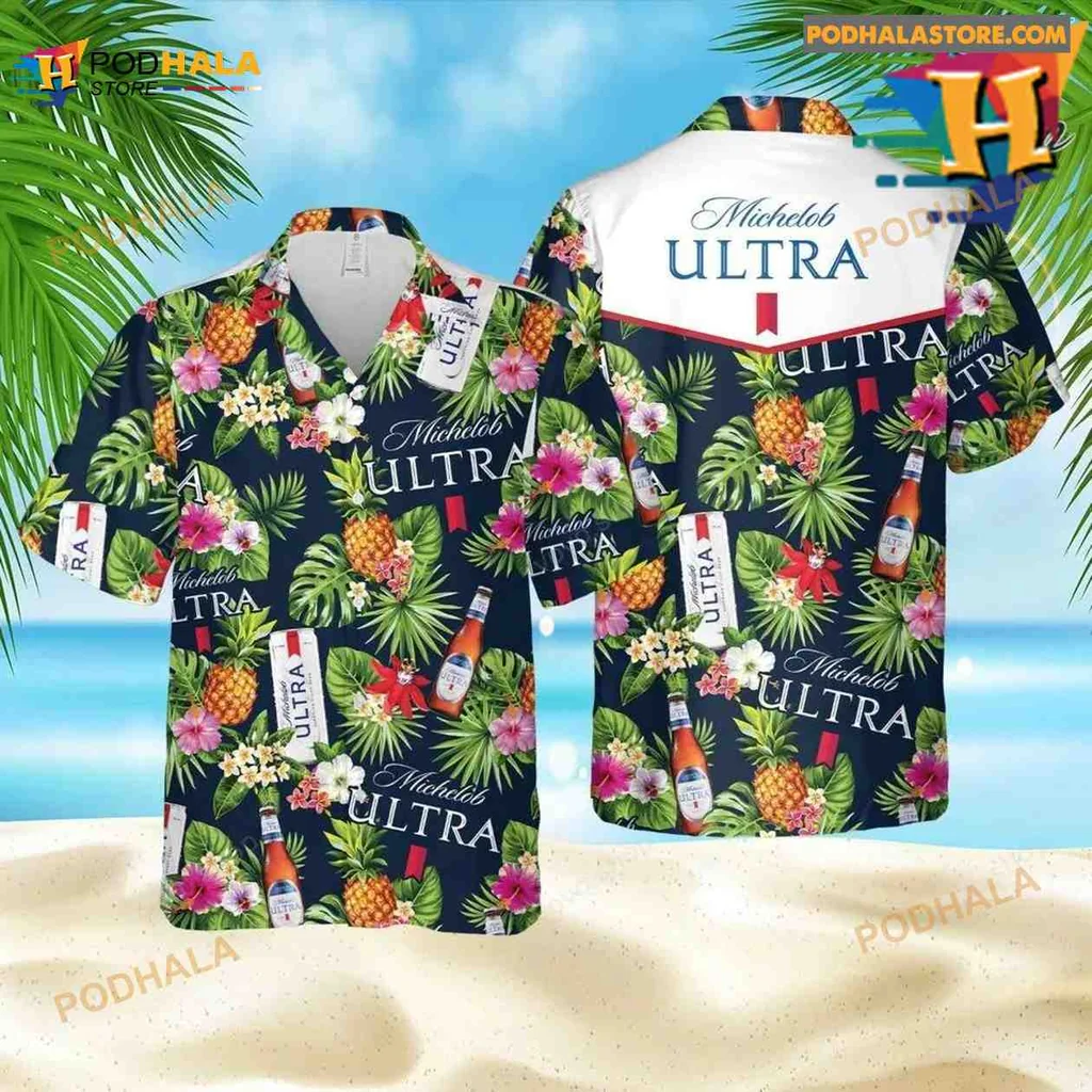 Tropical Flower Michelob Ultra Hawaiian Shirt With Colorful Hibiscus And Pineapples