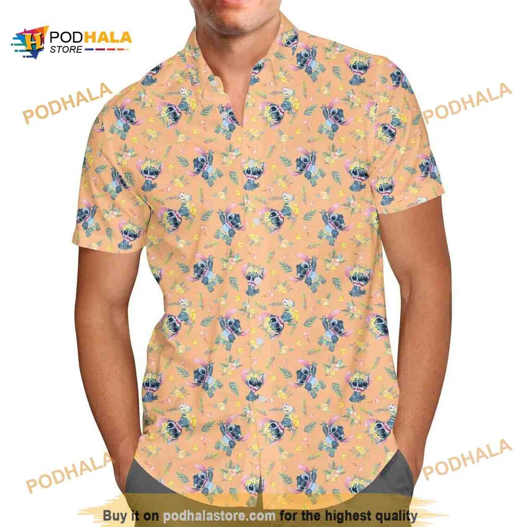 Tropical Flower Pattern Hawaiian Shirt Featuring Disney Stitch Design