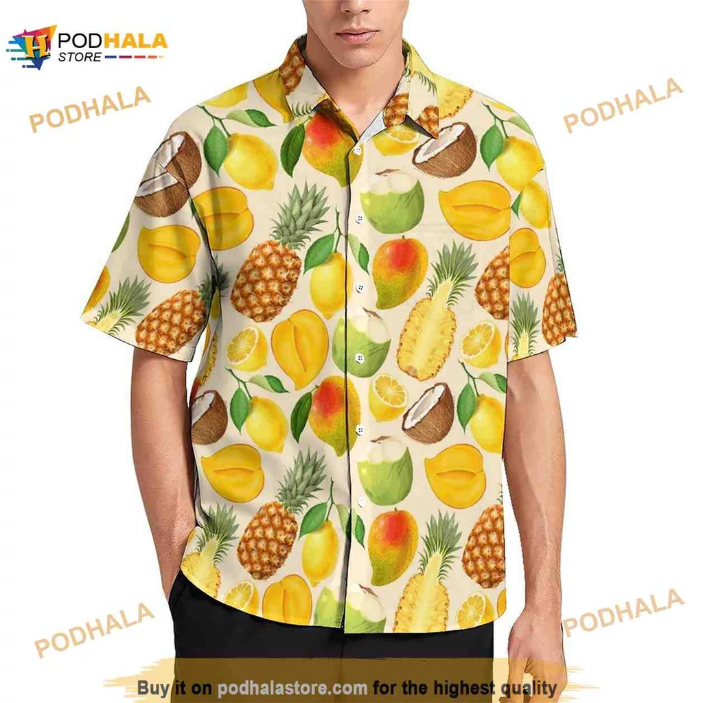 Tropical Fruit Pattern Hawaiian Shirt Featuring Pineapples, Coconuts, And Mangoes