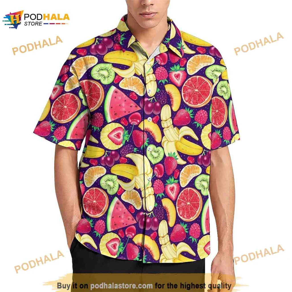 Tropical Fruit Pattern Hawaiian Shirt With Pineapples, Watermelons And Bananas
