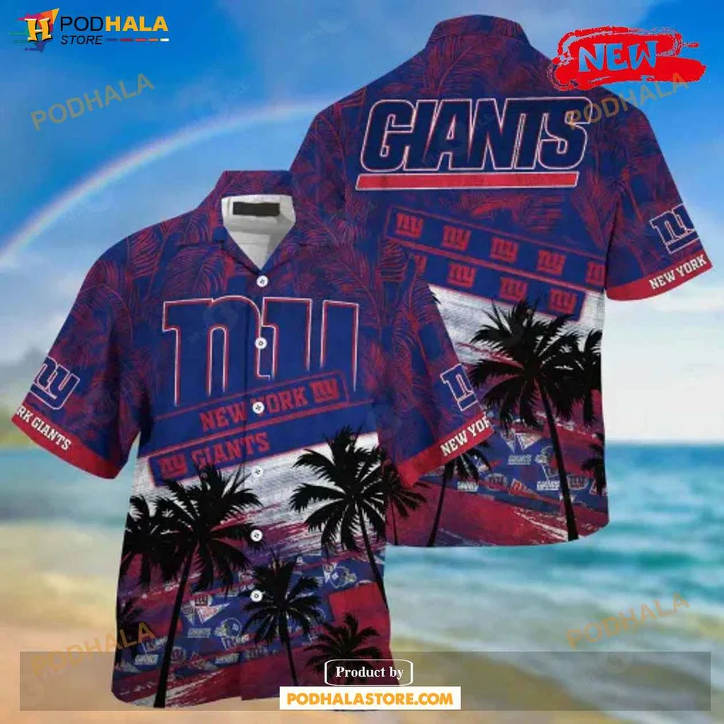 Tropical Giants Aloha Shirt, New York Giants Palm Tree Pattern Shirt