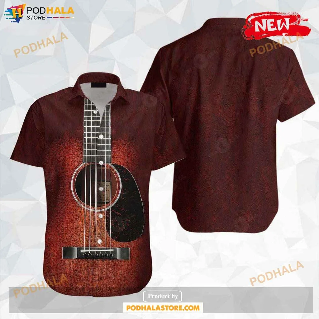 Tropical Guitar Aloha Shirt, Wood Design Summer Shirt For Music Lovers