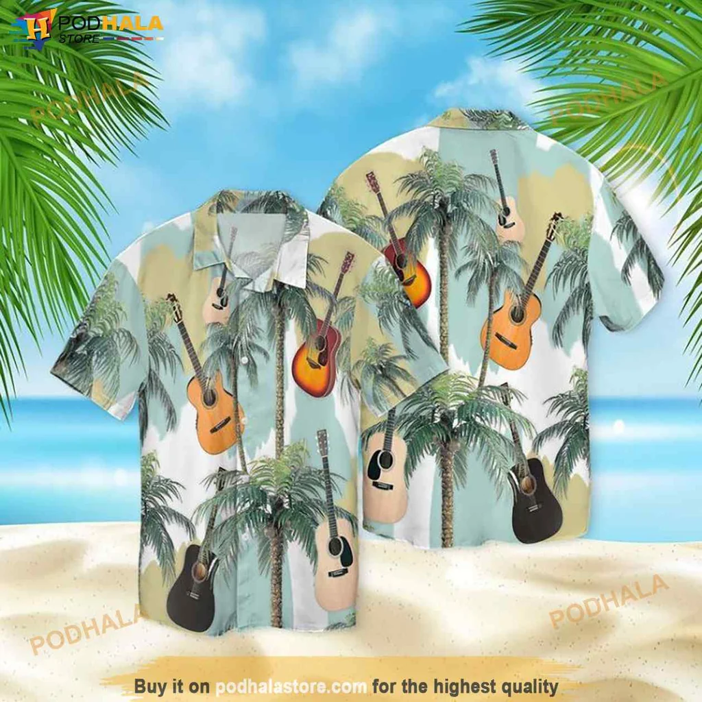 Tropical Guitar Hawaiian Shirt, Vibrant Palm Tree Design For Summer Music Lovers