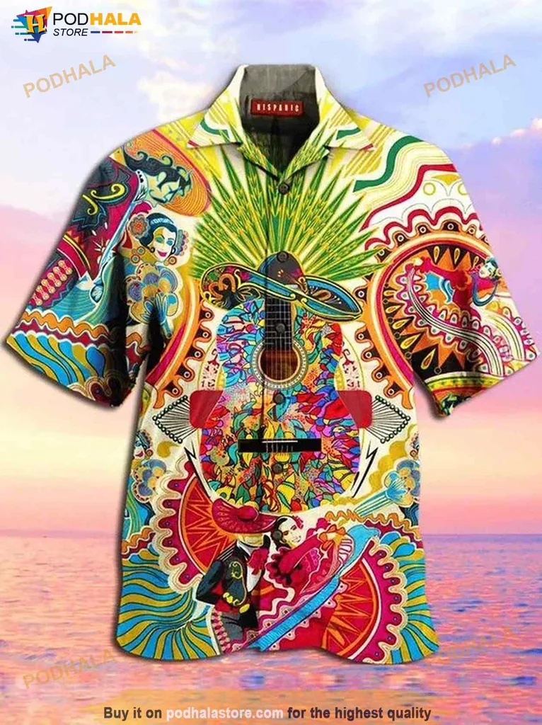 Tropical Guitar Hawaiian Shirt With Colorful Hawaiian Motifs And Patterns