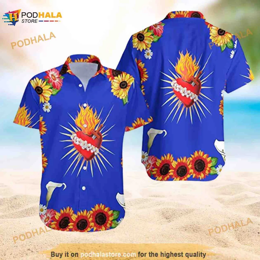 Tropical Heart Flames Hawaiian Shirt With Colorful Flowers And Sunflowers