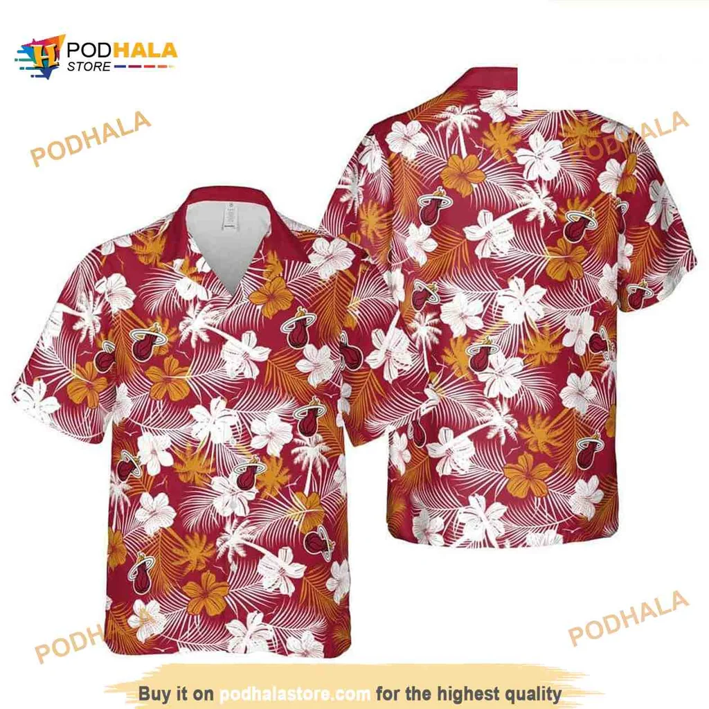 Tropical Hibiscus Beach Shirt With Vibrant Red Background And Palm Leaves