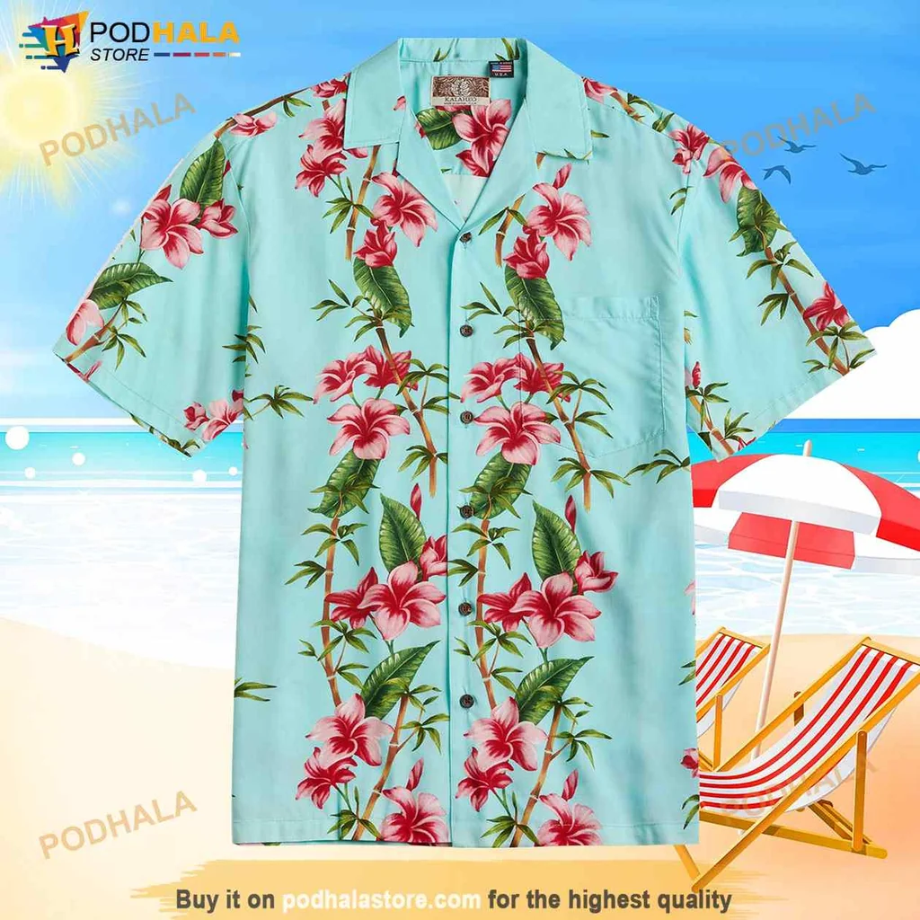 Tropical Hibiscus Floral Hawaiian Shirt With Bold Pink Flowers