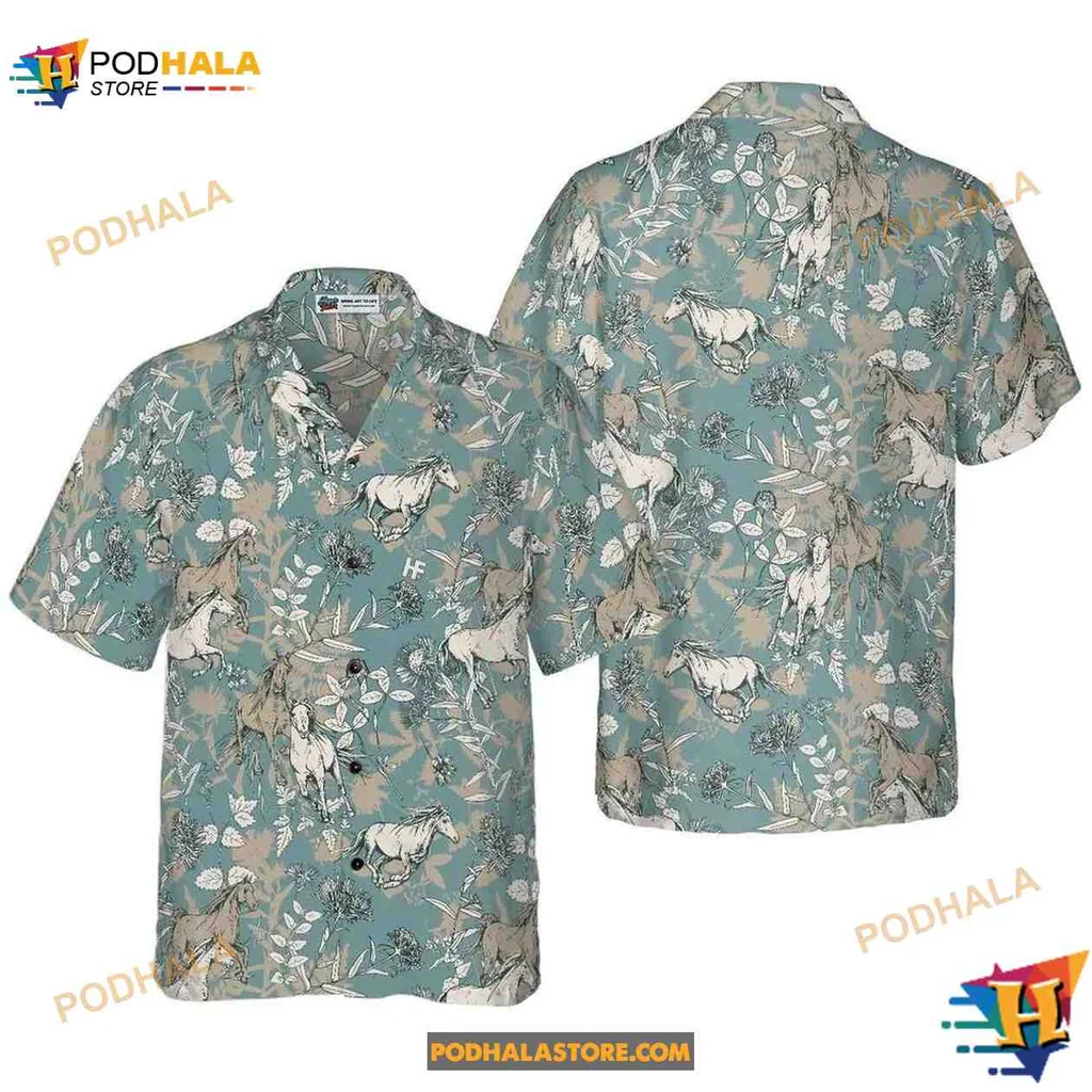 Tropical Horse Aloha Shirt Featuring Vibrant Horses In Nature