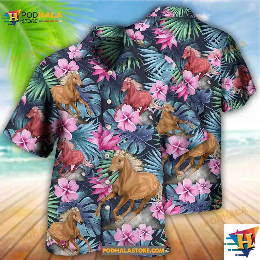 Tropical Horse Aloha Shirt With Vibrant Hibiscus Flowers And Leaves
