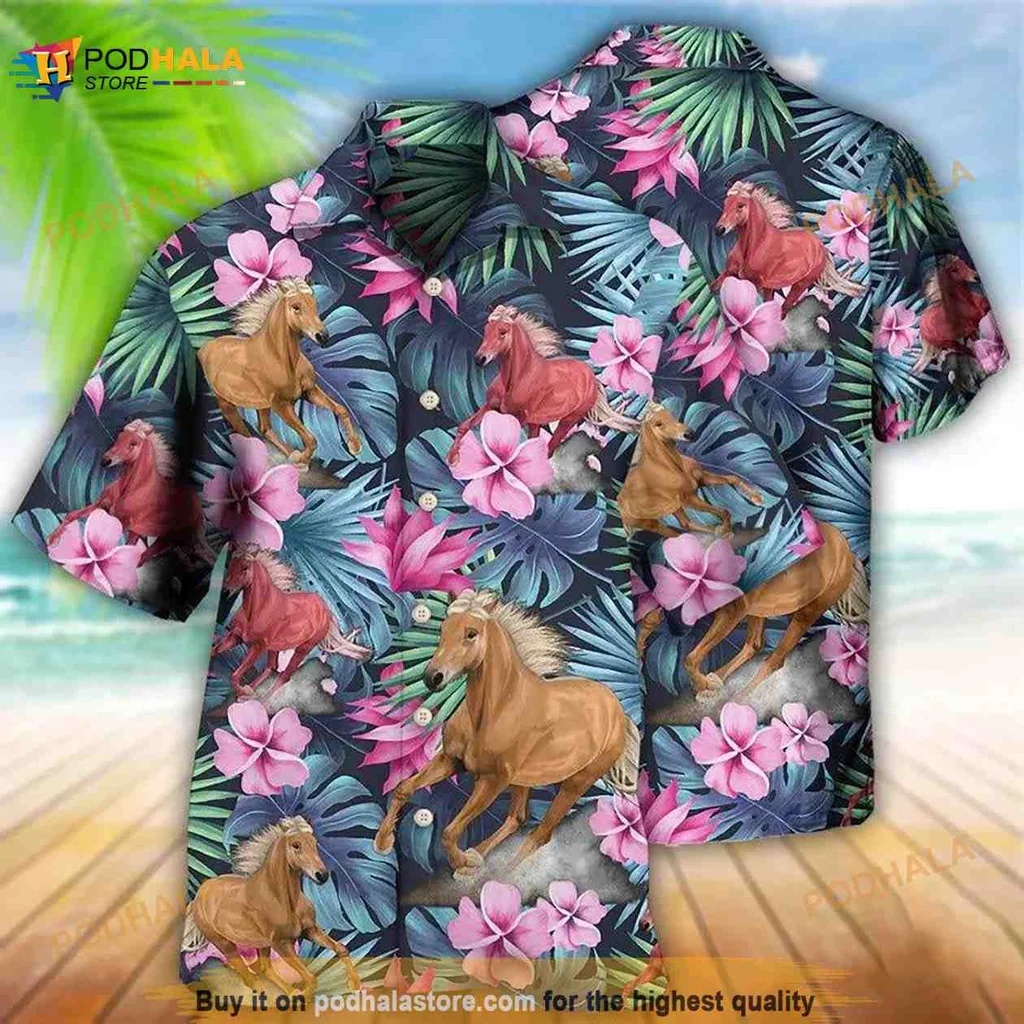 Tropical Horse Floral Hawaiian Shirt With Vibrant Hibiscus Design