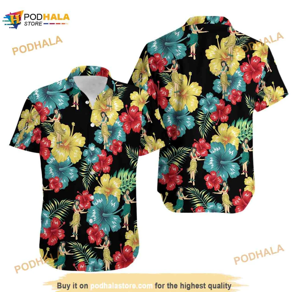 Tropical Hula Dancer Hawaiian Shirt With Colorful Floral Print