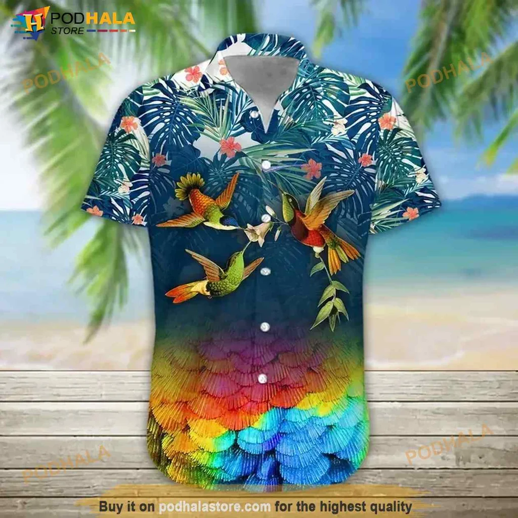 Tropical Hummingbird Hawaiian Shirt With Colorful Floral Design