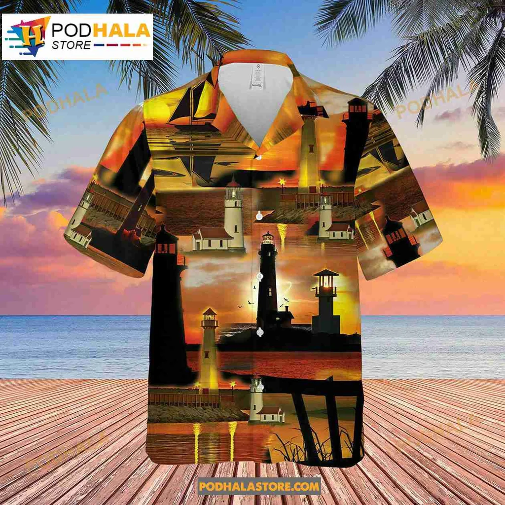 Tropical Lighthouse Hawaiian Shirt With Vibrant Sunset Design