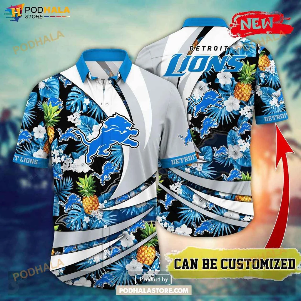 Tropical Lions Aloha Shirt, Vibrant Detroit Lions Floral Pineapple Summer Shirt