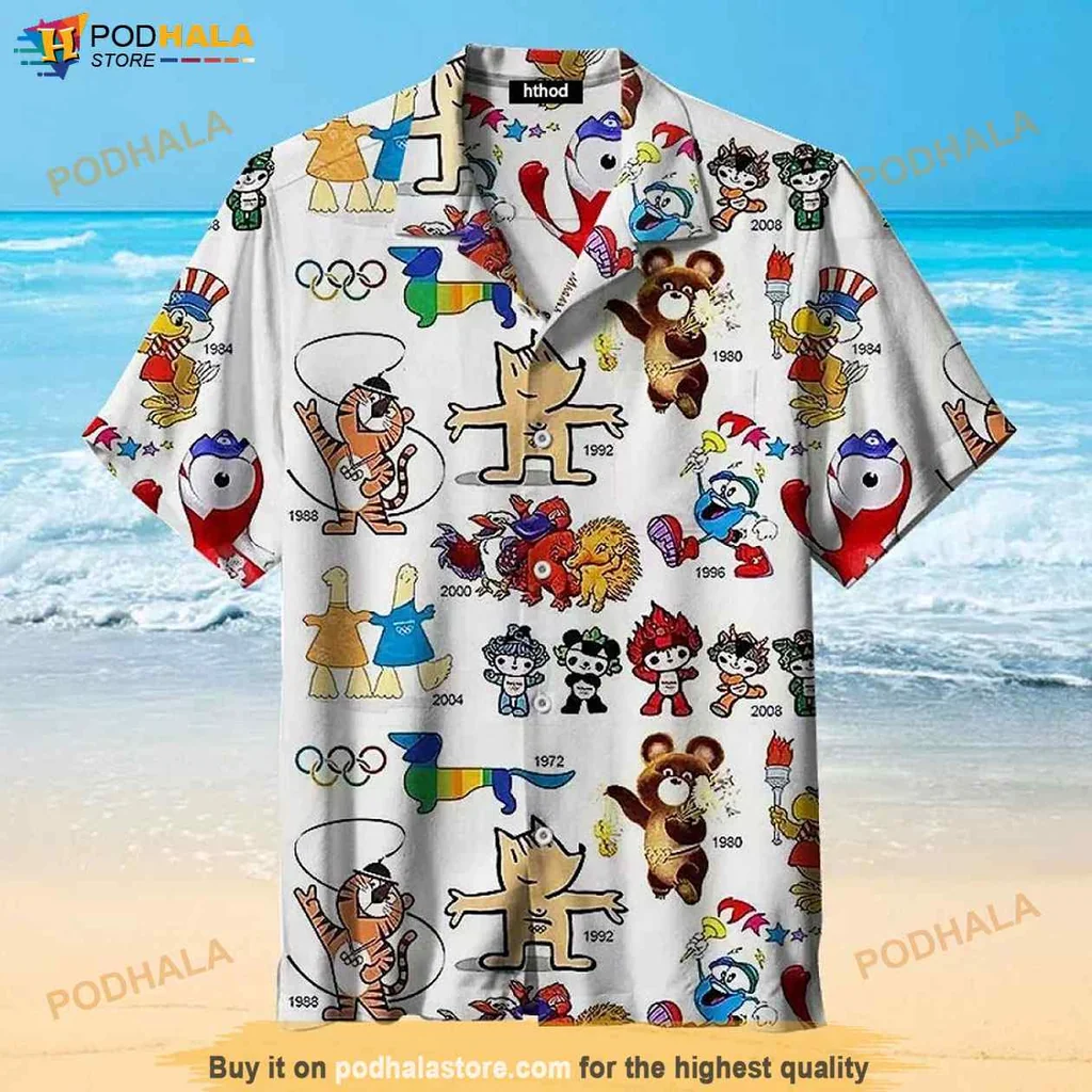 Tropical Olympic Mascot Hawaiian Shirt, Vibrant Cartoon Design For Sports Enthusiasts