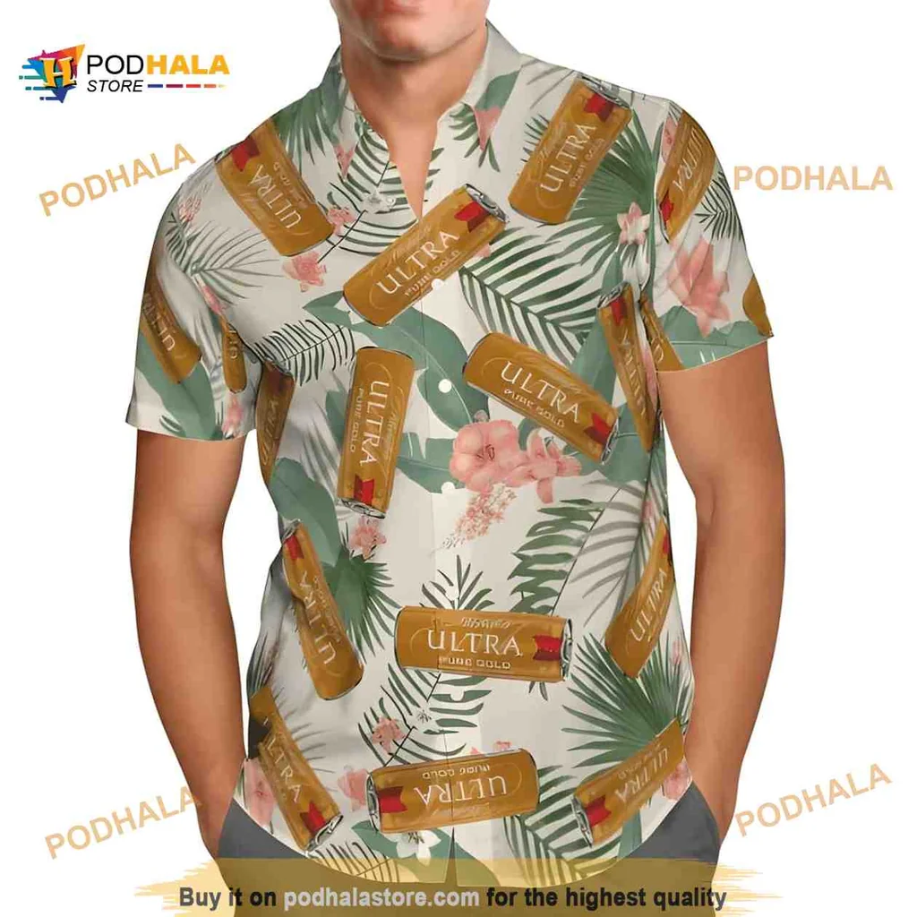 Tropical Palm Leaf Aloha Shirt With Michelob Ultra Design