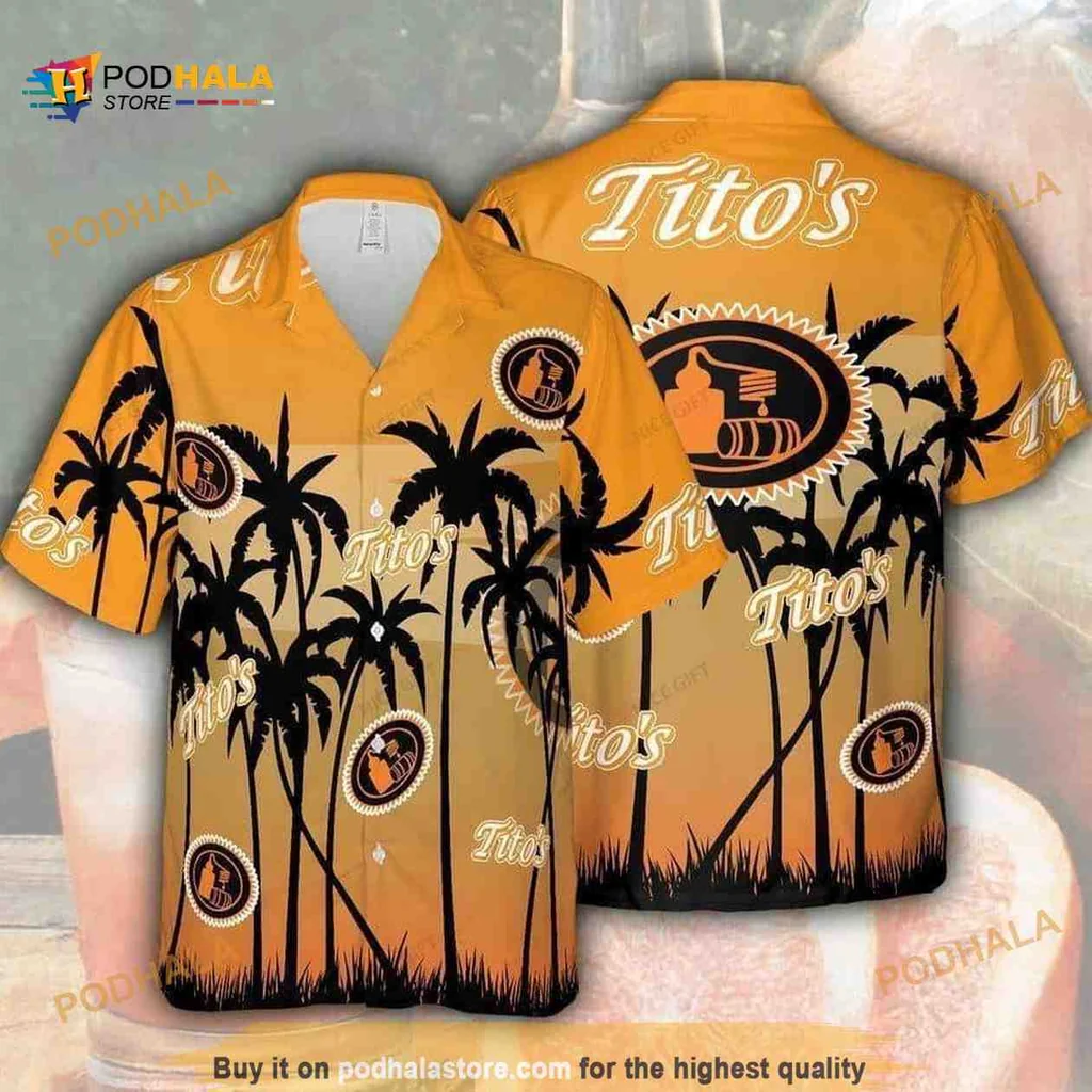 Tropical Palm Tree Aloha Shirt Featuring Titos Logo For Beach Lovers
