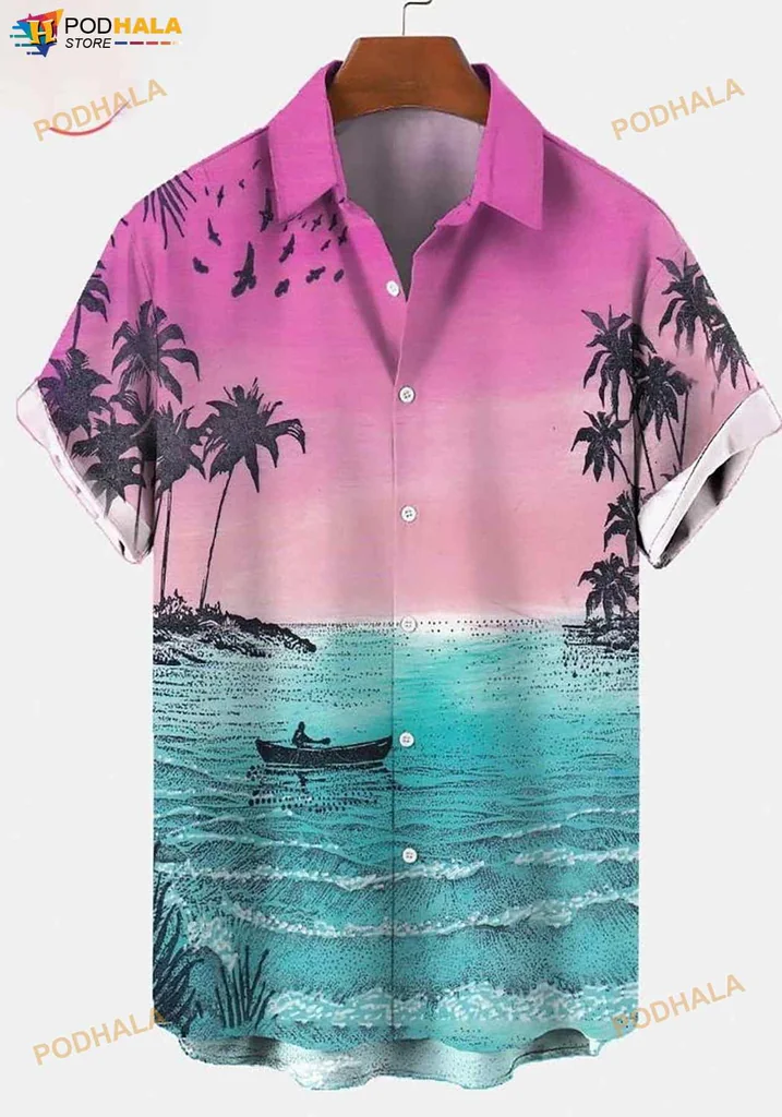 Tropical Palm Tree Hawaiian Shirt With Vibrant Beach Scene