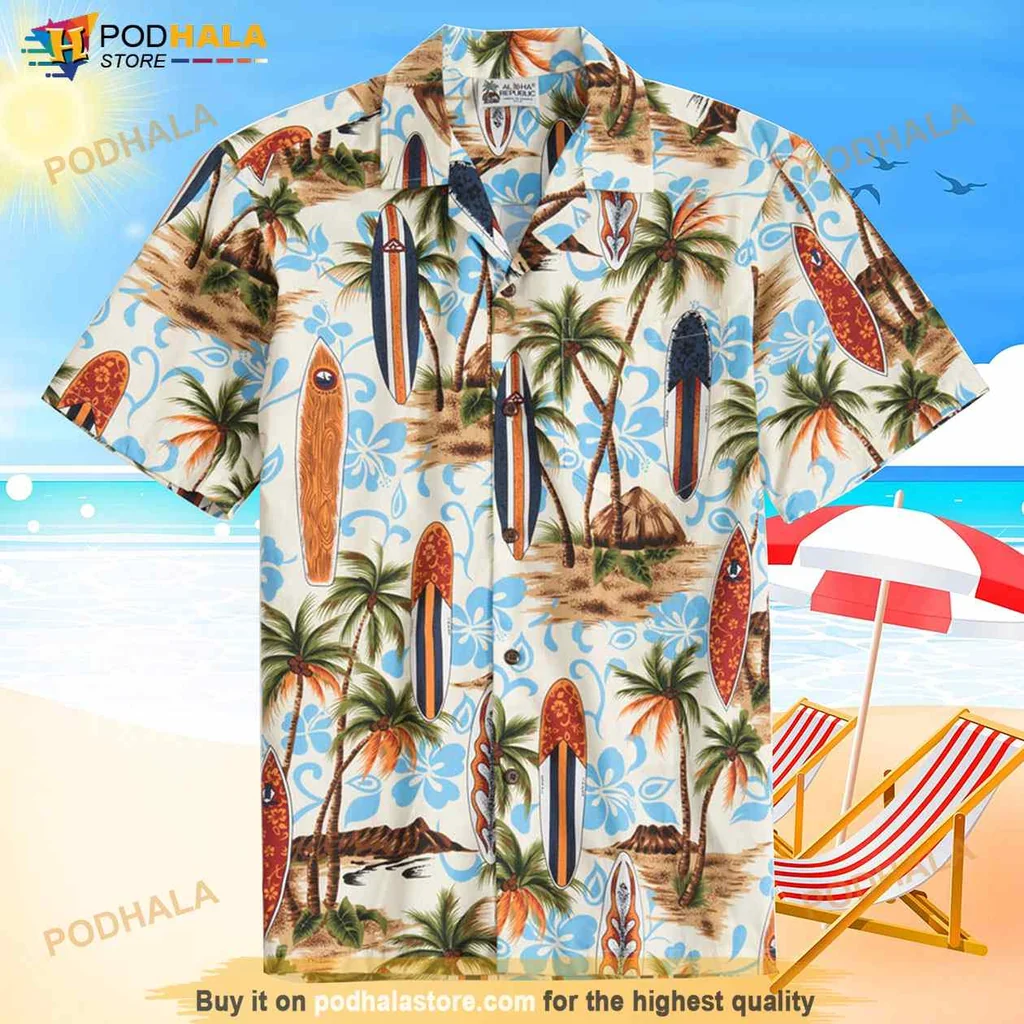 Tropical Palm Tree Hawaiian Shirt With Vibrant Surfboard Design