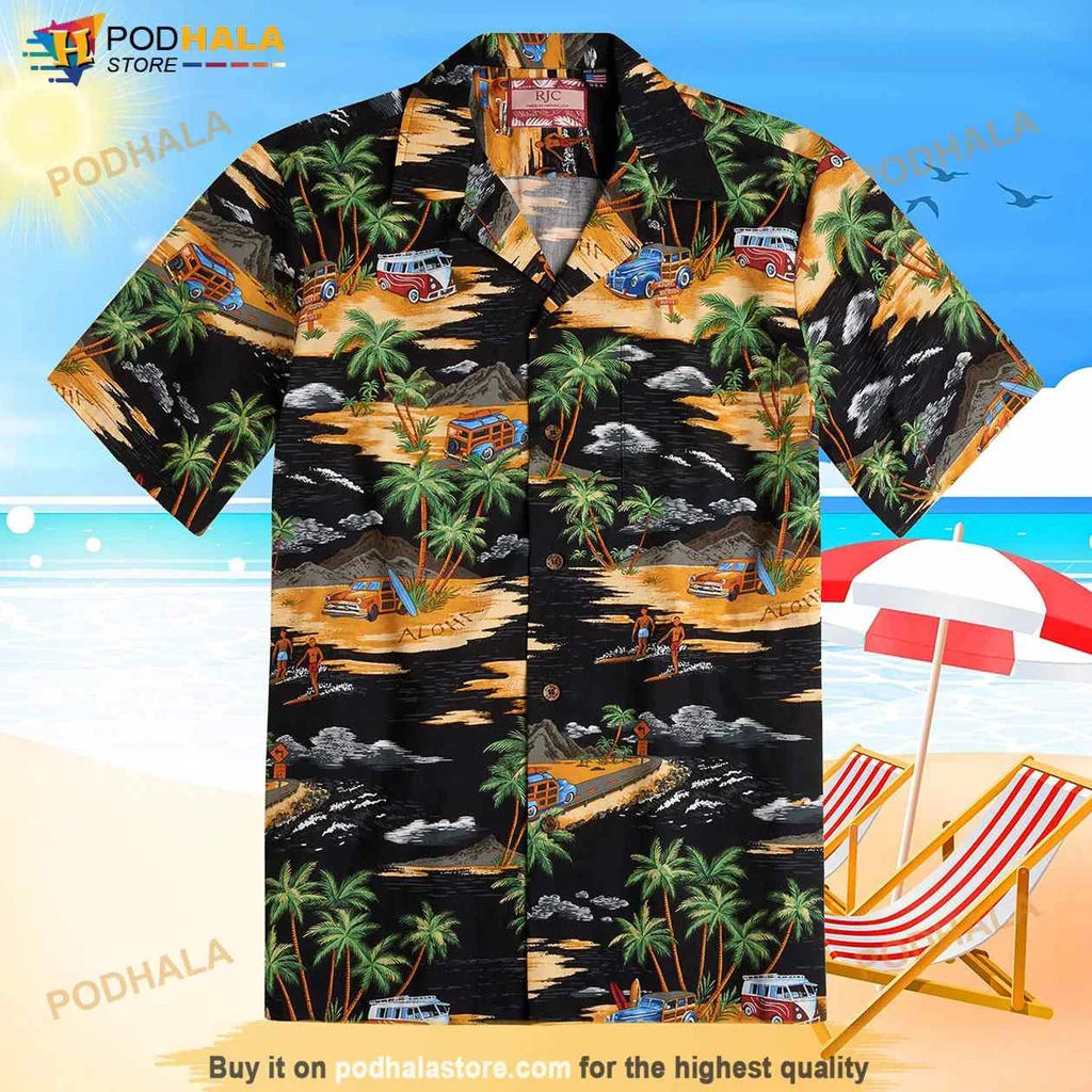 Tropical Palm Trees Hawaiian Shirt With Vintage Cars And Surfboards
